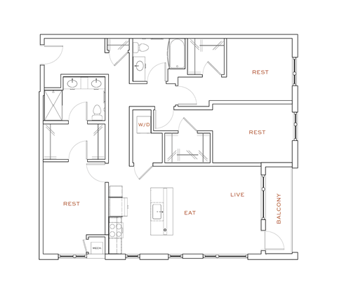 Floor plan for 3 beds, 2 baths, 1363 sqft